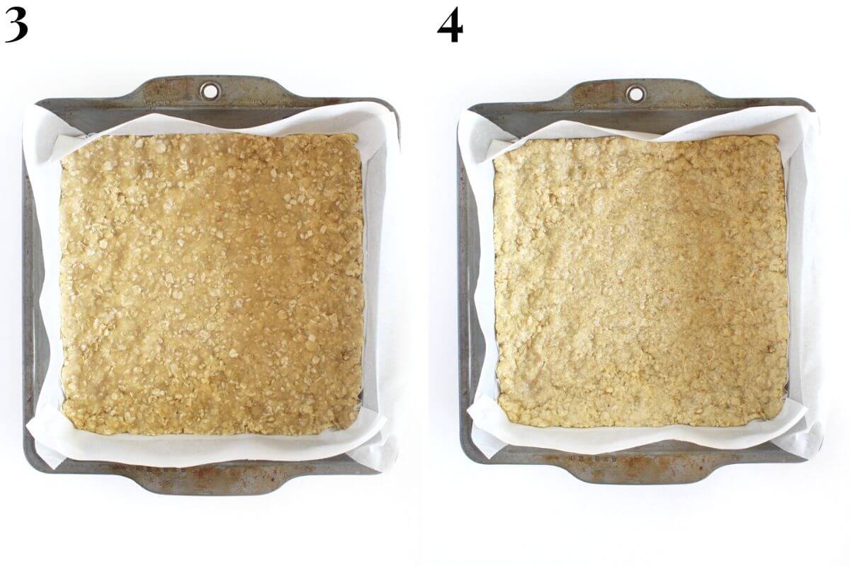 steps 3 and 4 pressing shortbread crust into baking pan and pre-baking crust.