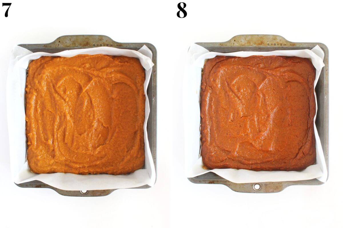 steps 7 and 8 pouring the pumpkin pie filling on to pre-baked crust and baking bars until golden brown.