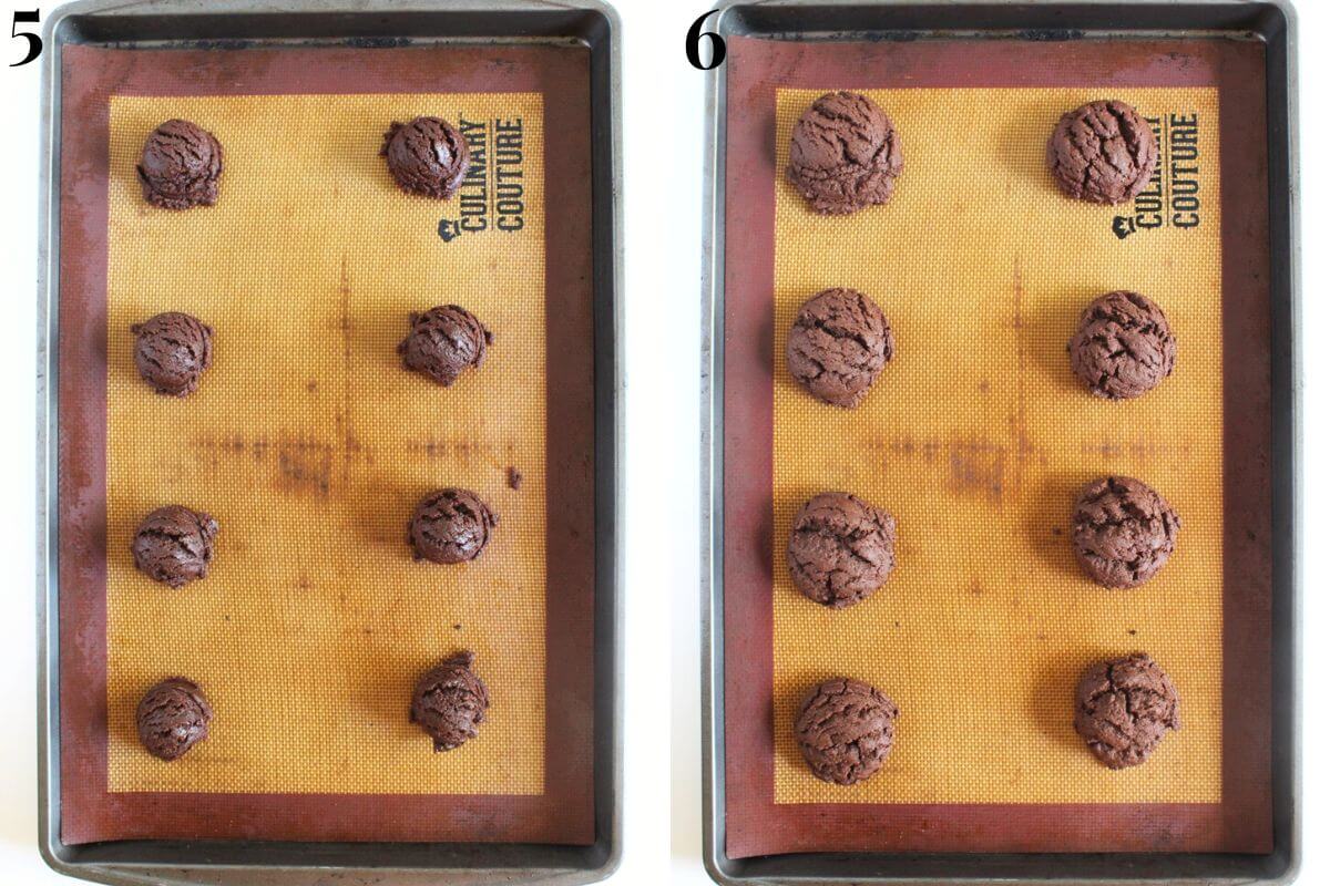 steps 5 and 6 portioning out cookie dough balls on baking sheet and baking.