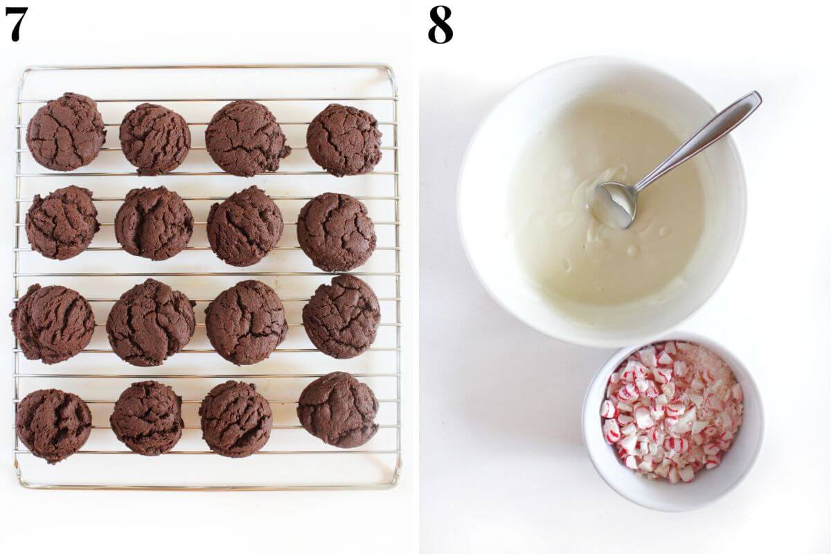 steps 7 and 8 cooling cookies, melting vegan white chocolate, crushing candy canes to dip.