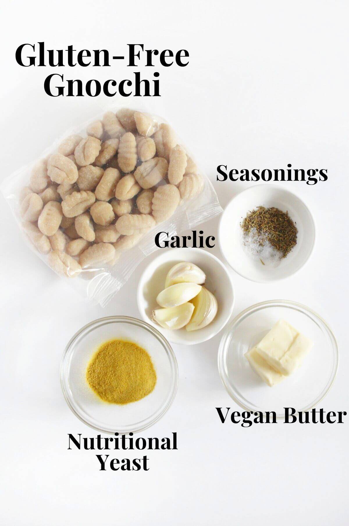 ingredients for vegan brown butter garlic gnocchi recipe.