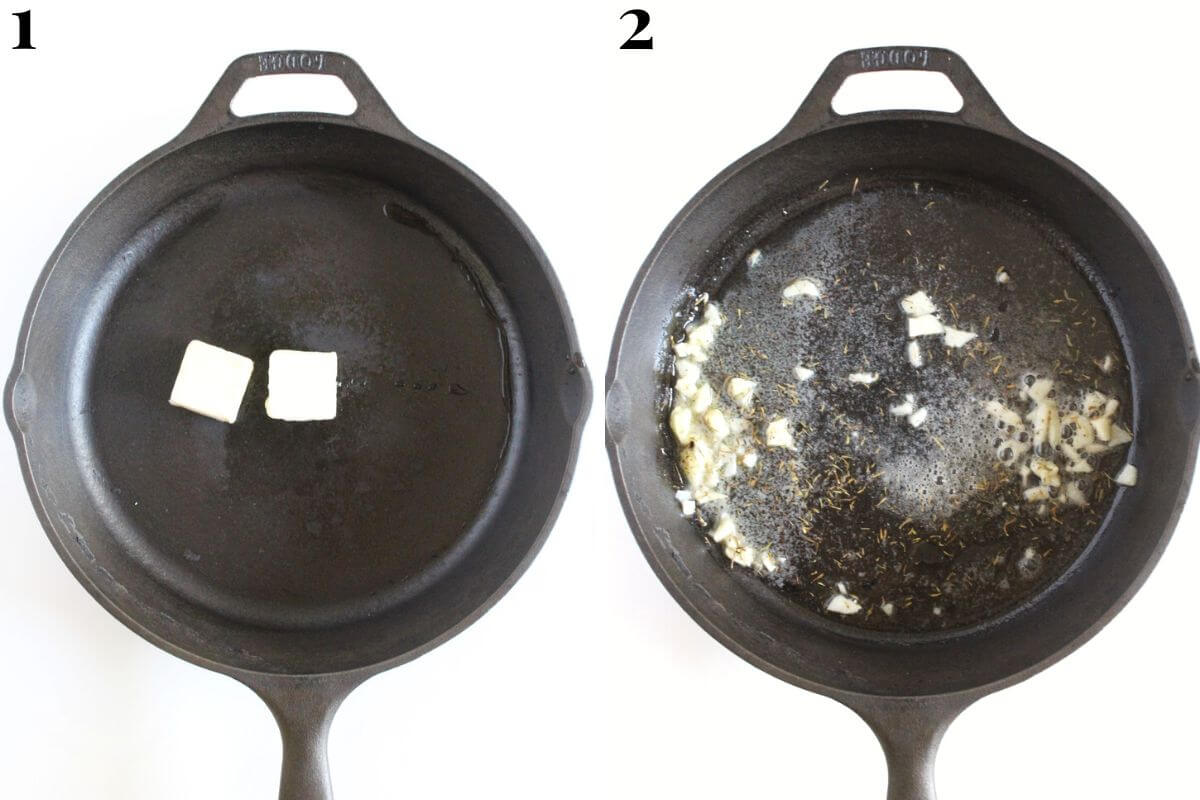 steps 1 and 2 browning butter and making crispy garlic in cast iron pan.