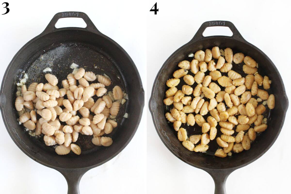 steps 3 and 4 adding gluten-free gnocchi to brown butter garlic sauce.