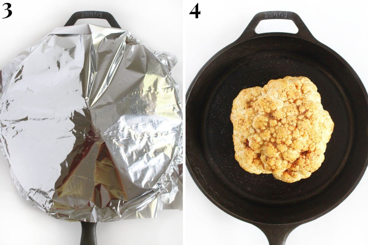 steps 3 and 4 roasting cauliflower with foil cover then removing foil to crisp.