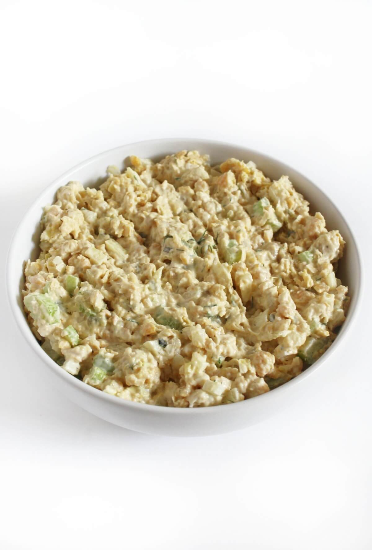 white serving bowl of chickpea tuna salad.