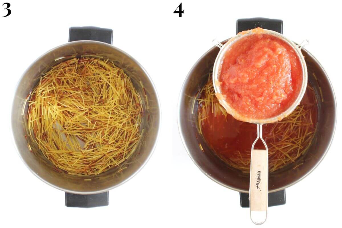 steps 3 and 4 toasting gluten-free noodles and straining tomato sauce into pot.