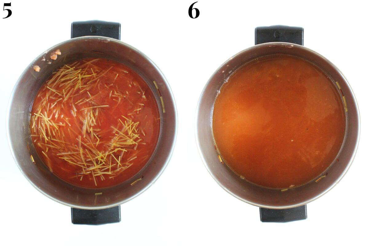 steps 5 and 6 adding broth to tomato sauce and noodles in pot.