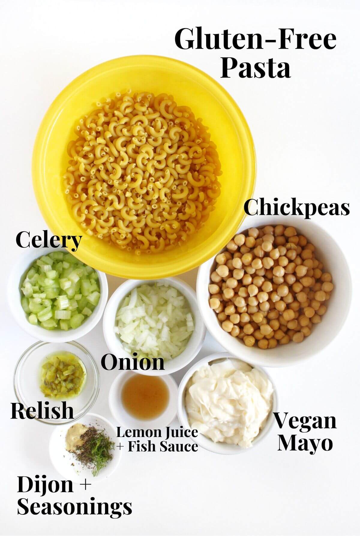 ingredients for vegan gluten-free tuna pasta salad.