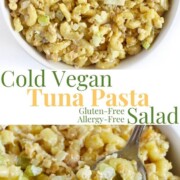 collage image of vegan tuna pasta salad.