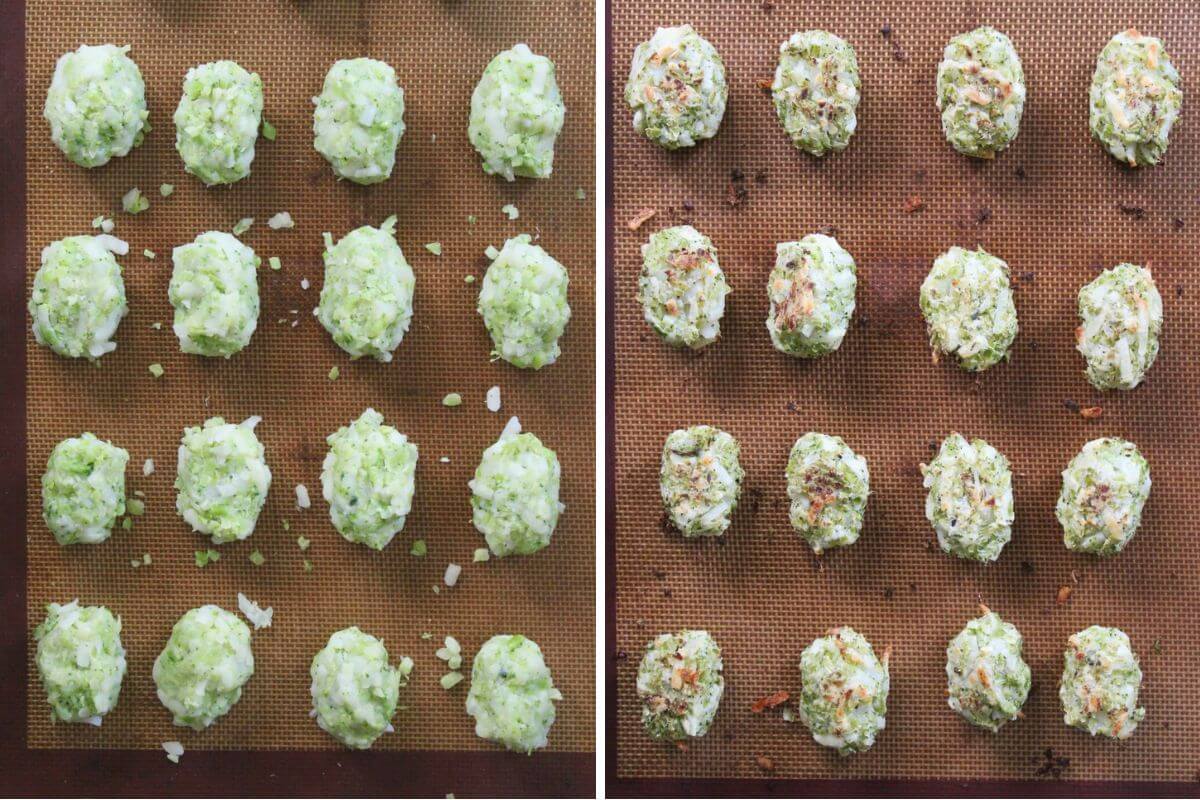 steps 2 and 3 forming broccoli tots and adding them to baking sheet to bake.