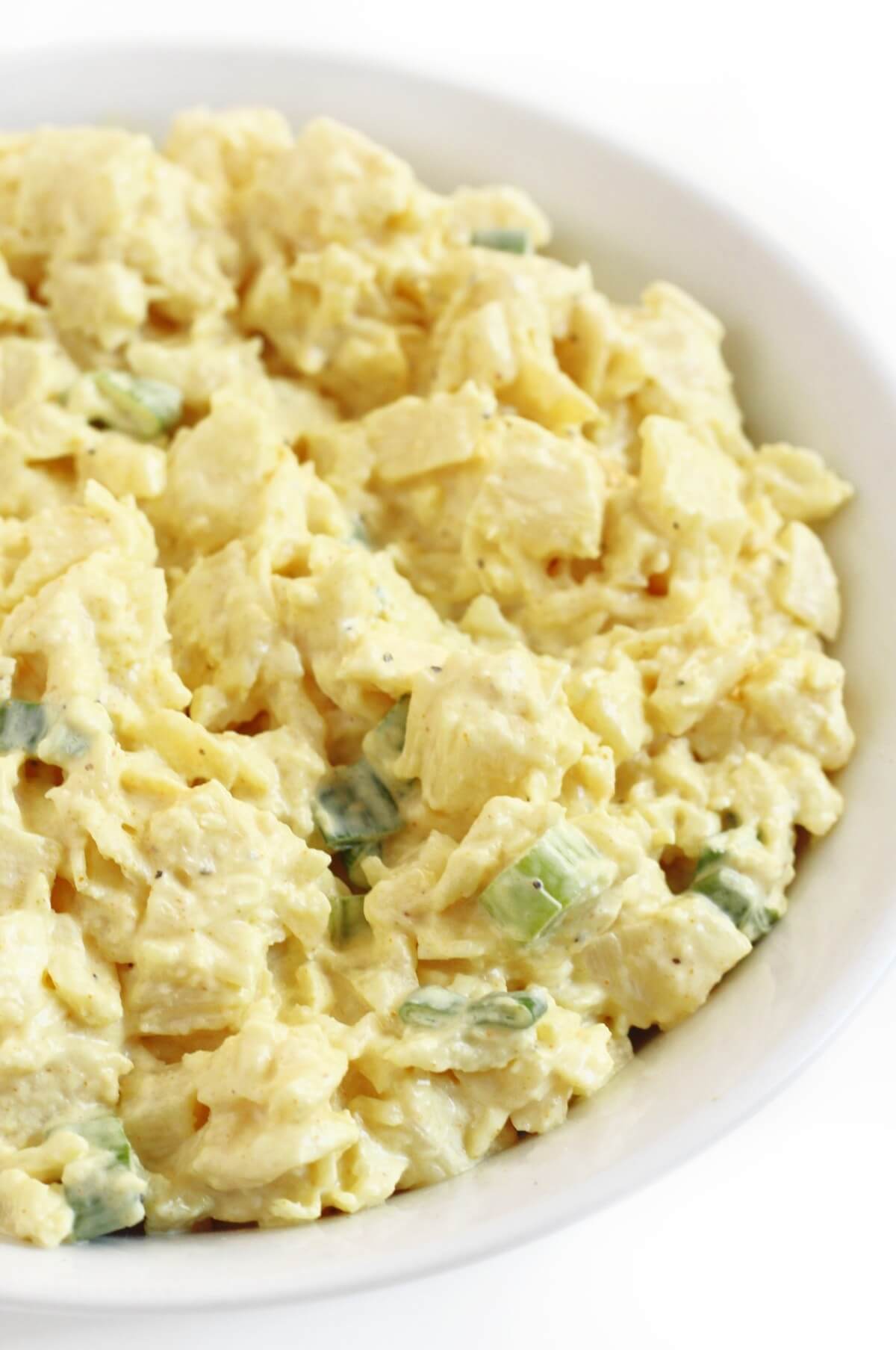 close up of vegan egg salad without tofu or chickpeas in bowl.