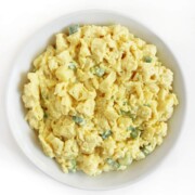vegan egg salad in white serving bowl.