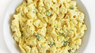 vegan egg salad in white serving bowl.