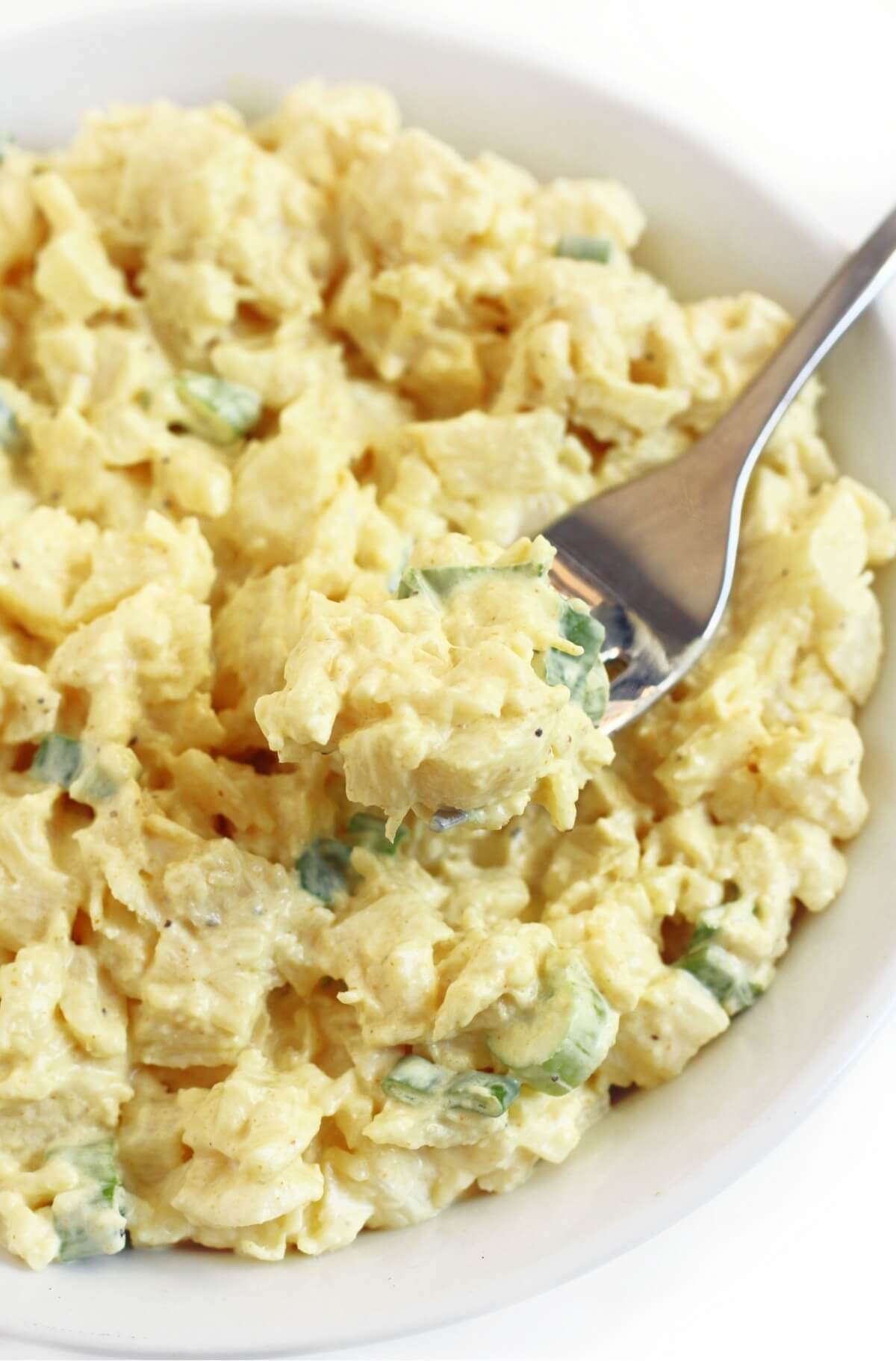 forkful of vegan egg salad no tofu.