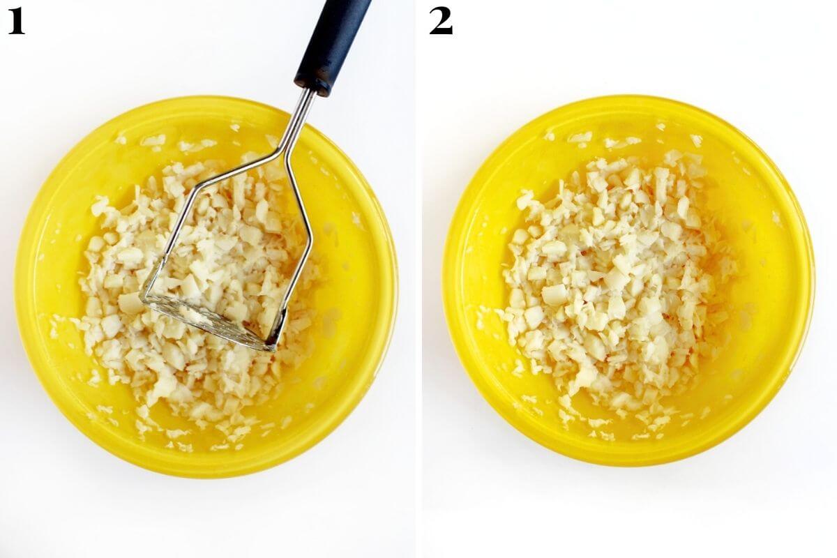 steps 1 and 2 mashing hearts of palm for vegan egg salad.