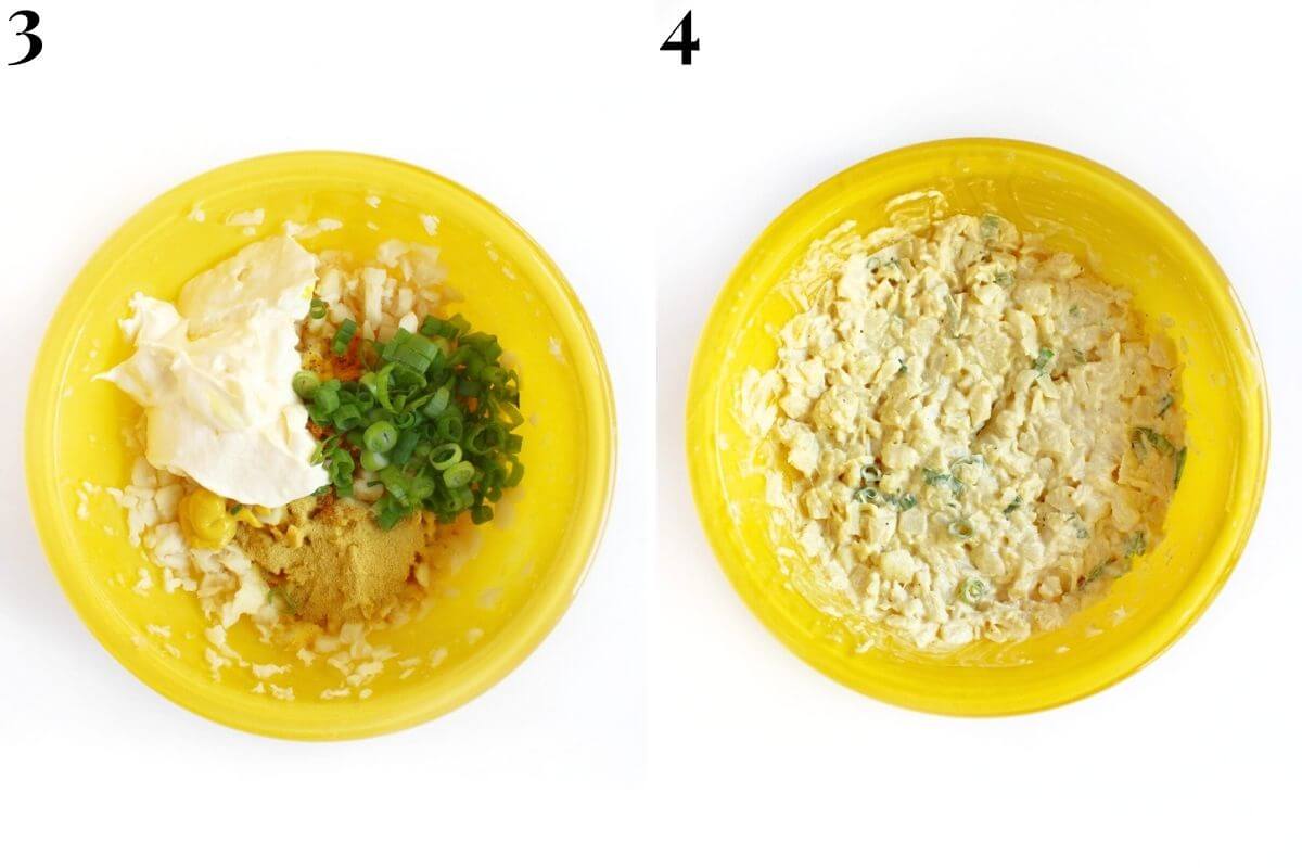 steps 3 and 4 adding additional ingredients to mashed hearts of palm and combining.
