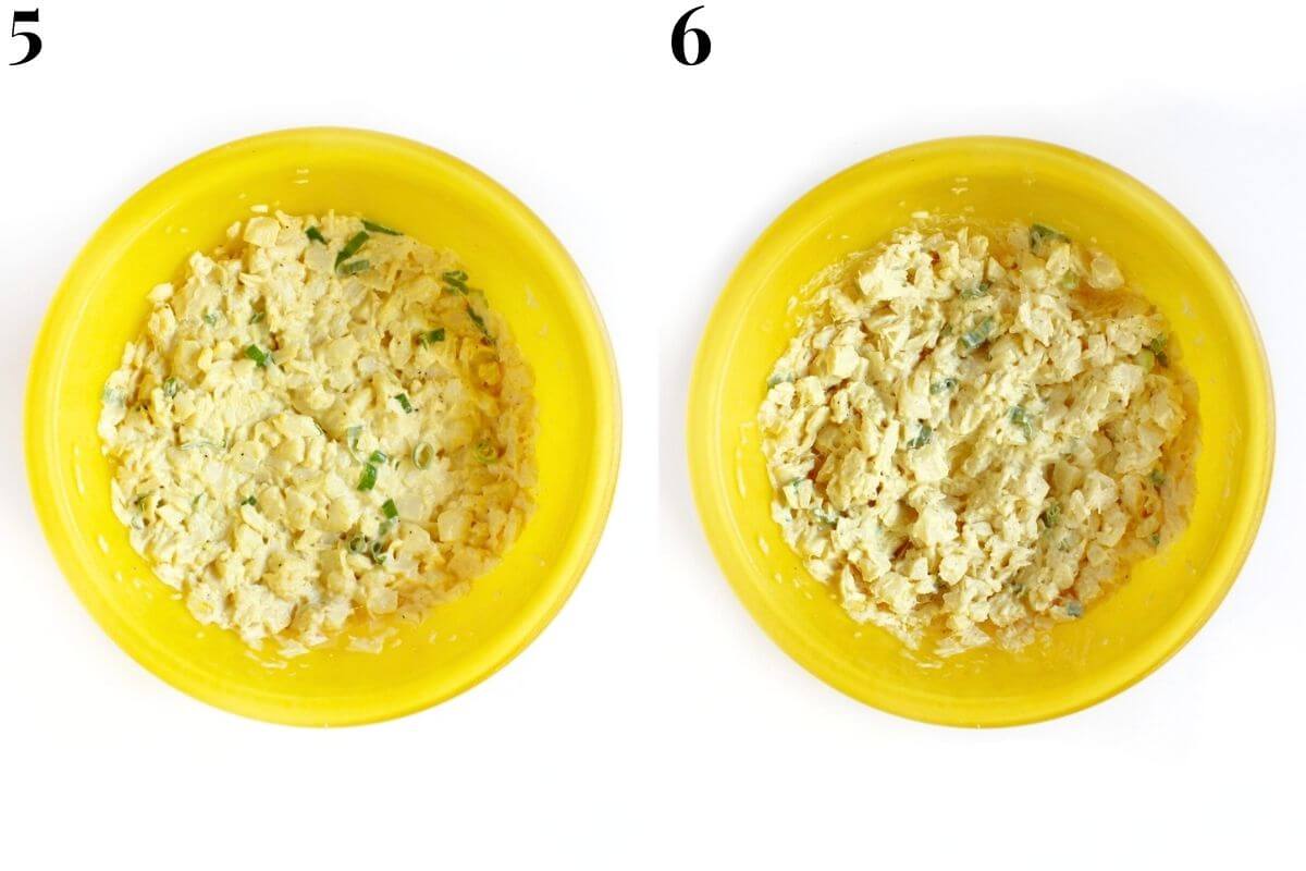 steps 5 and 6 chilling mixed vegan egg salad to serve.