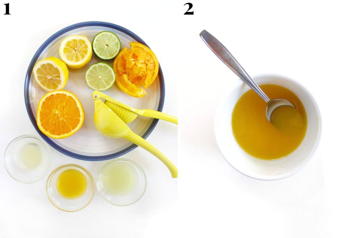 steps 1 and 2 making a virgin margarita with fresh citrus juice mixture.