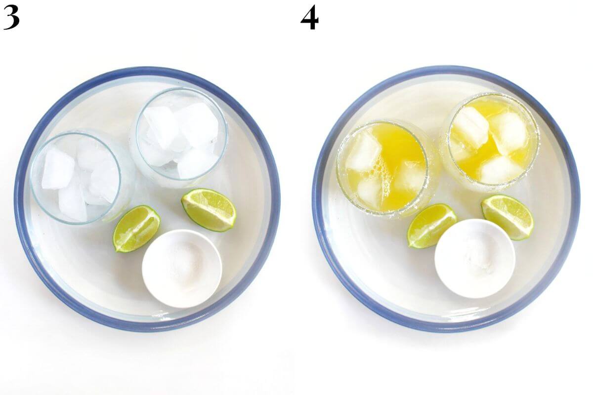 steps 3 and 4 pouring virgin margaritas into glasses and salting rim.