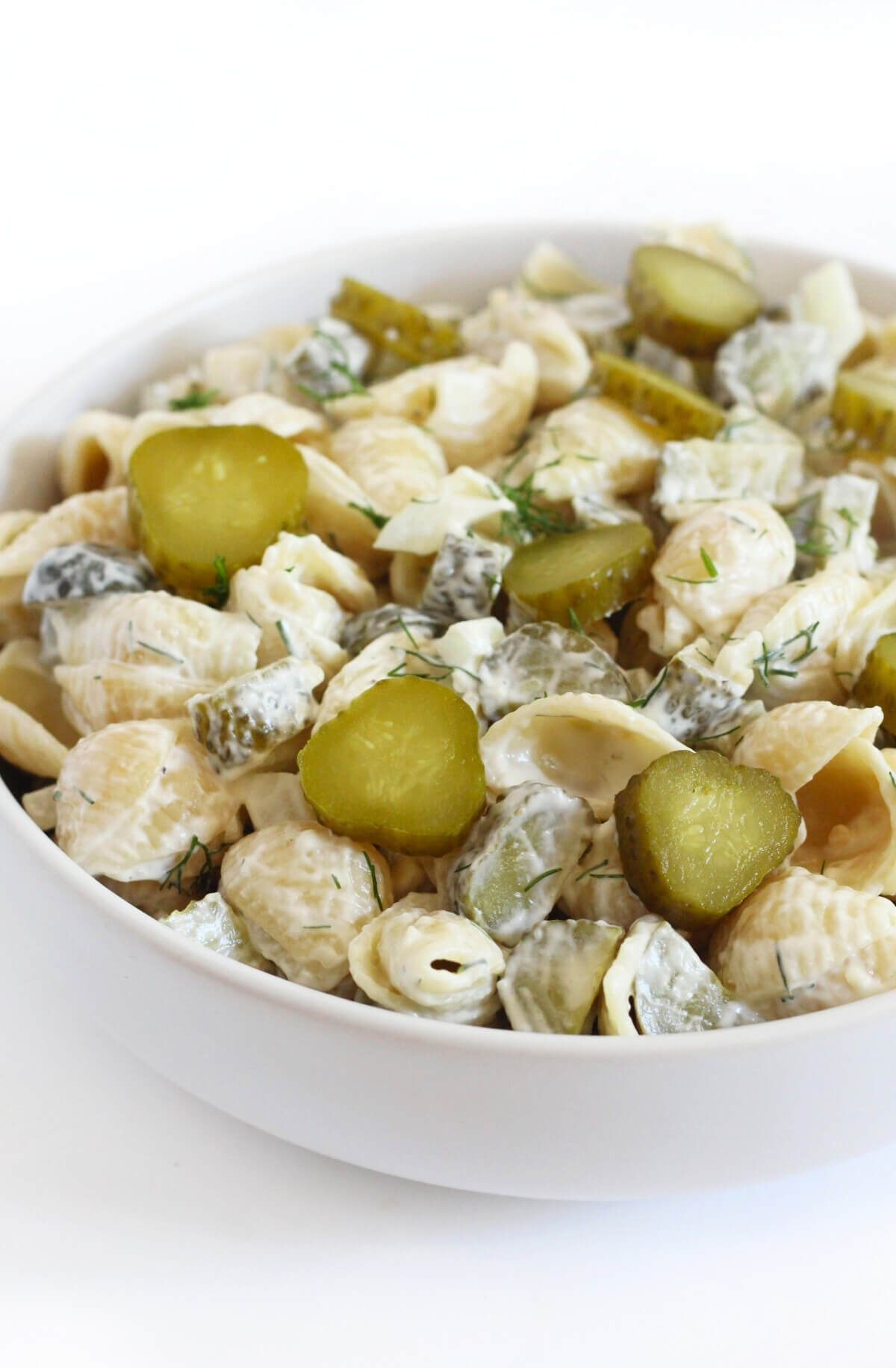 front close-up of vegan pickle pasta salad.
