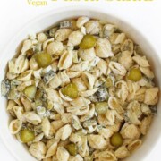 dill pickle pasta salad with image text.