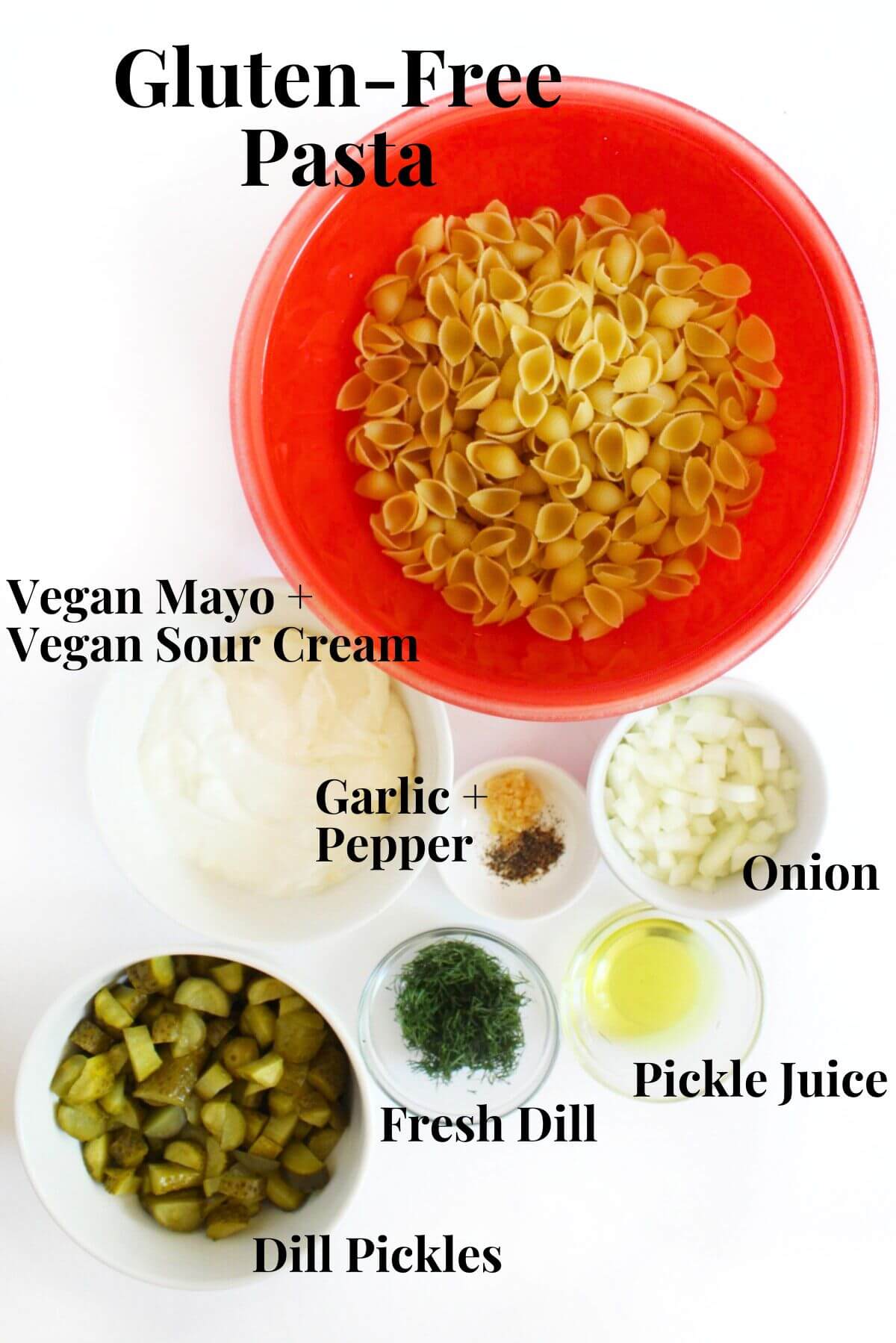 ingredients for dill pickle pasta salad.
