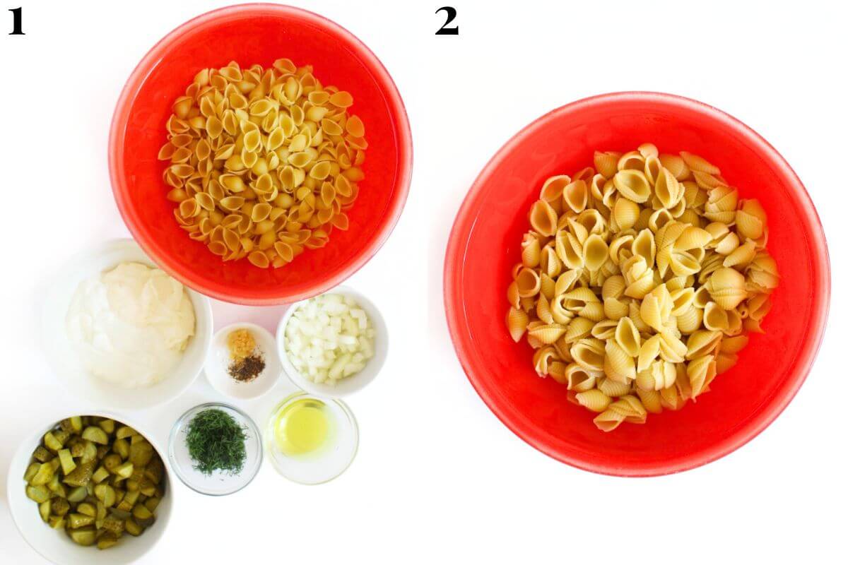 steps 1 and 2 boiling gluten-free pasta and prepping veggies for pickle pasta salad.