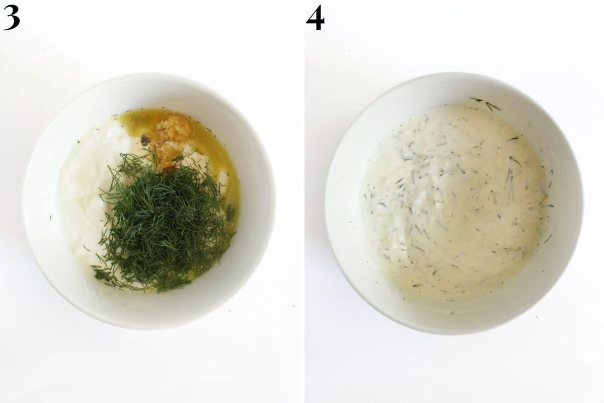 steps 3 and 4 mixing together the creamy dressing for dill pickle pasta salad.