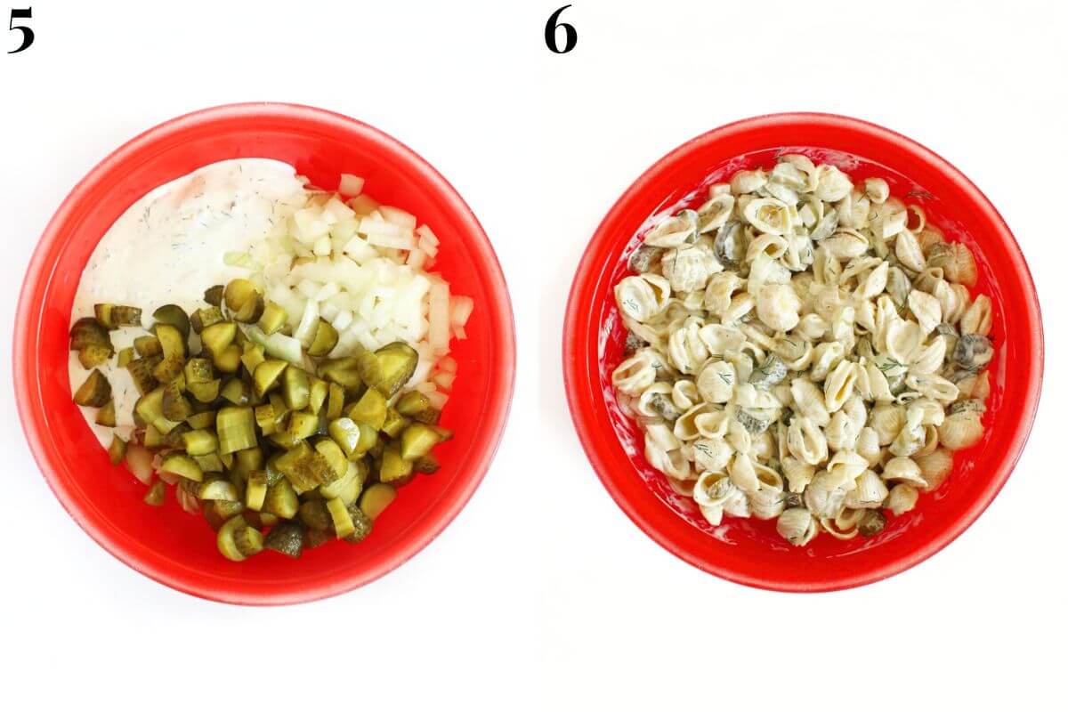 steps 5 and 6 stirring together vegan pickle pasta salad ingredients.