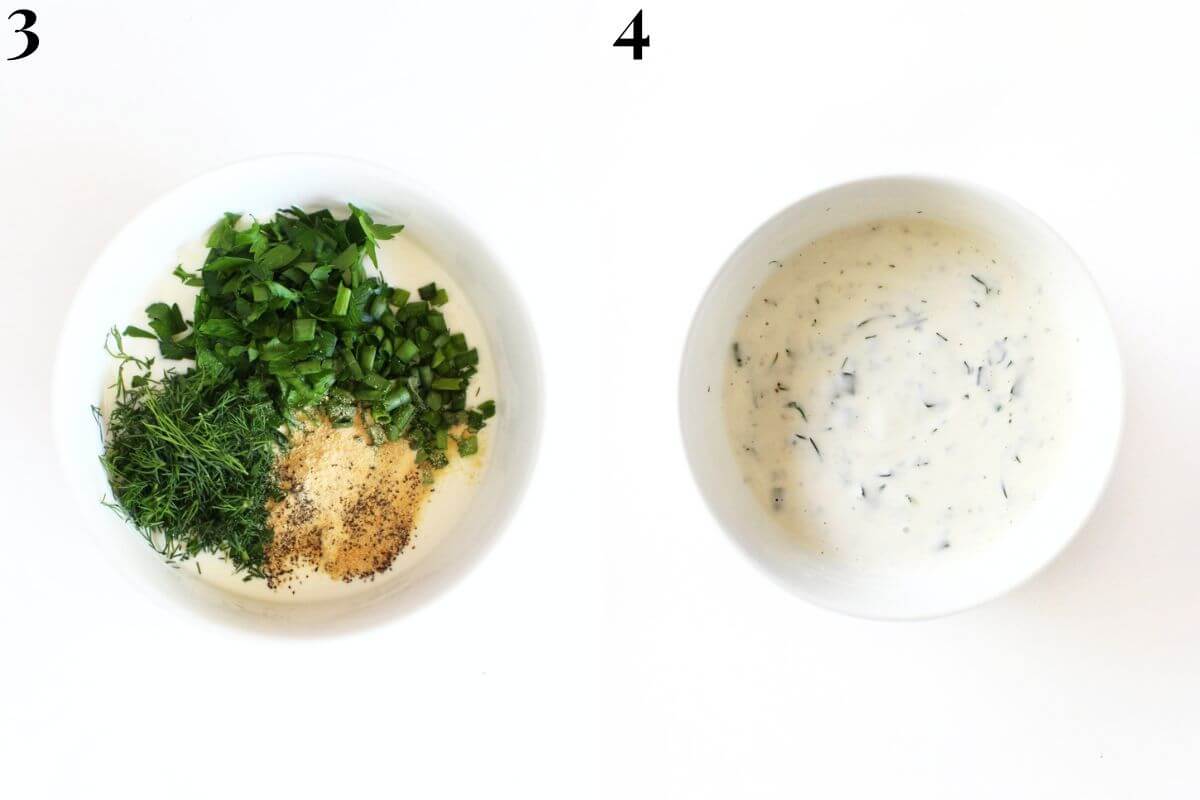 steps 3 and 4 adding herbs and spices to vegan ranch and mixing.