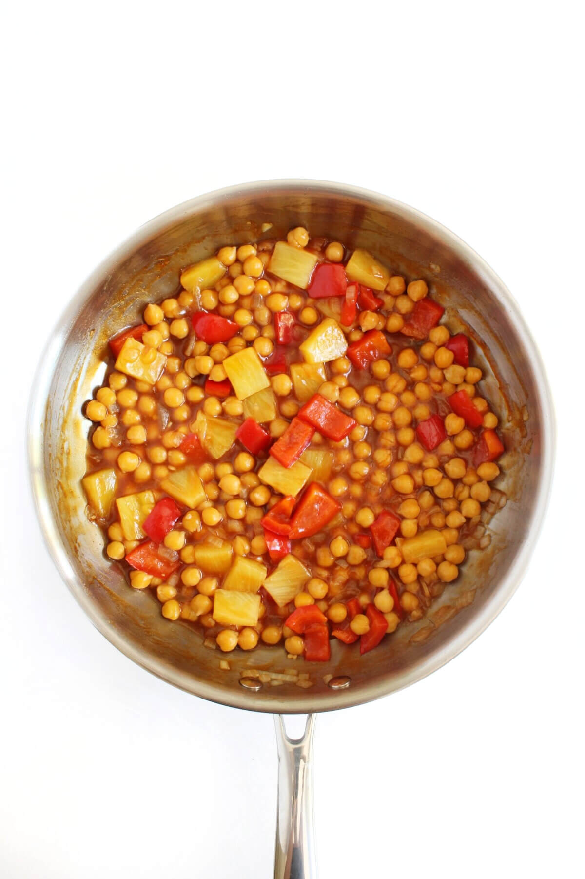 pan of sweet and sour chickpeas.