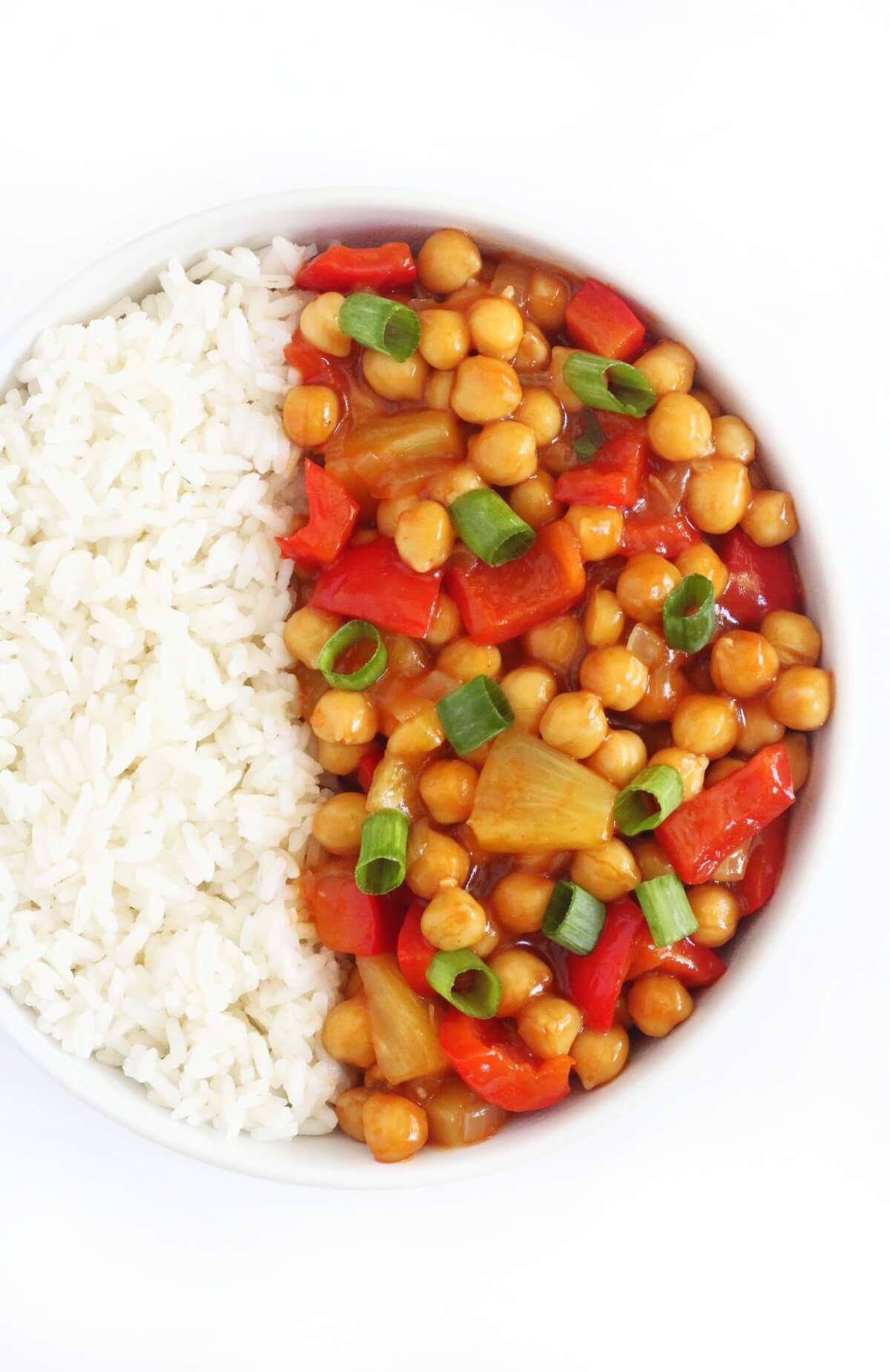 sweet and sour chickpeas with peppers, pineapple, and onion.