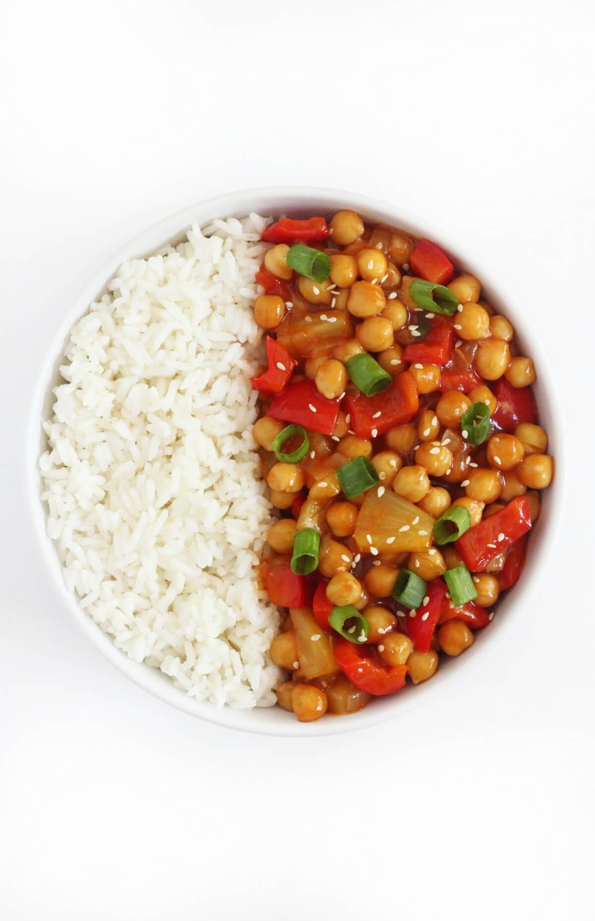 vegan sweet and sour chicken chickpeas with white rice.