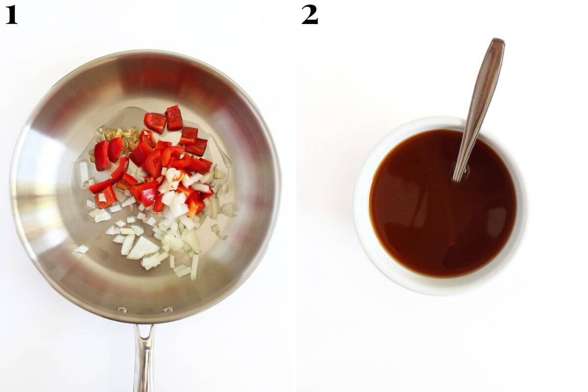 steps 1 and 2 sautéing veggies and mixing sweet and sour sauce.