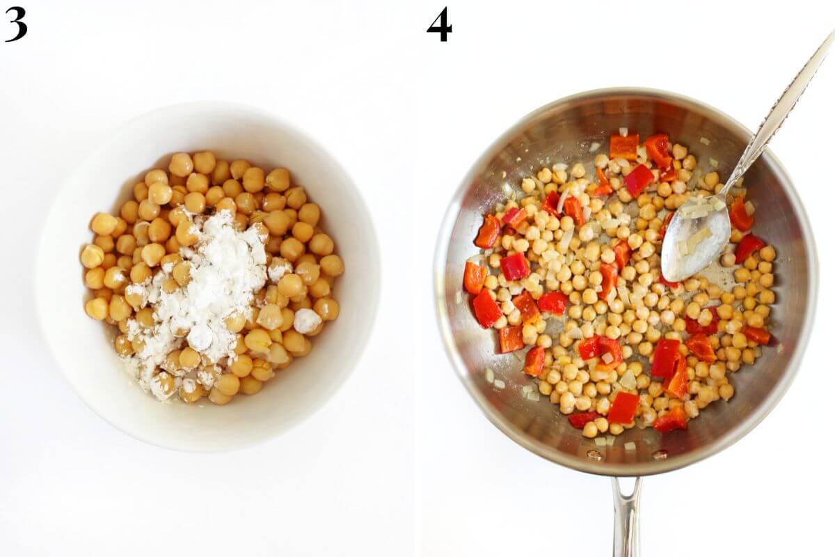 steps 3 and 4 tossing chickpeas with starch and adding them to saute pan.