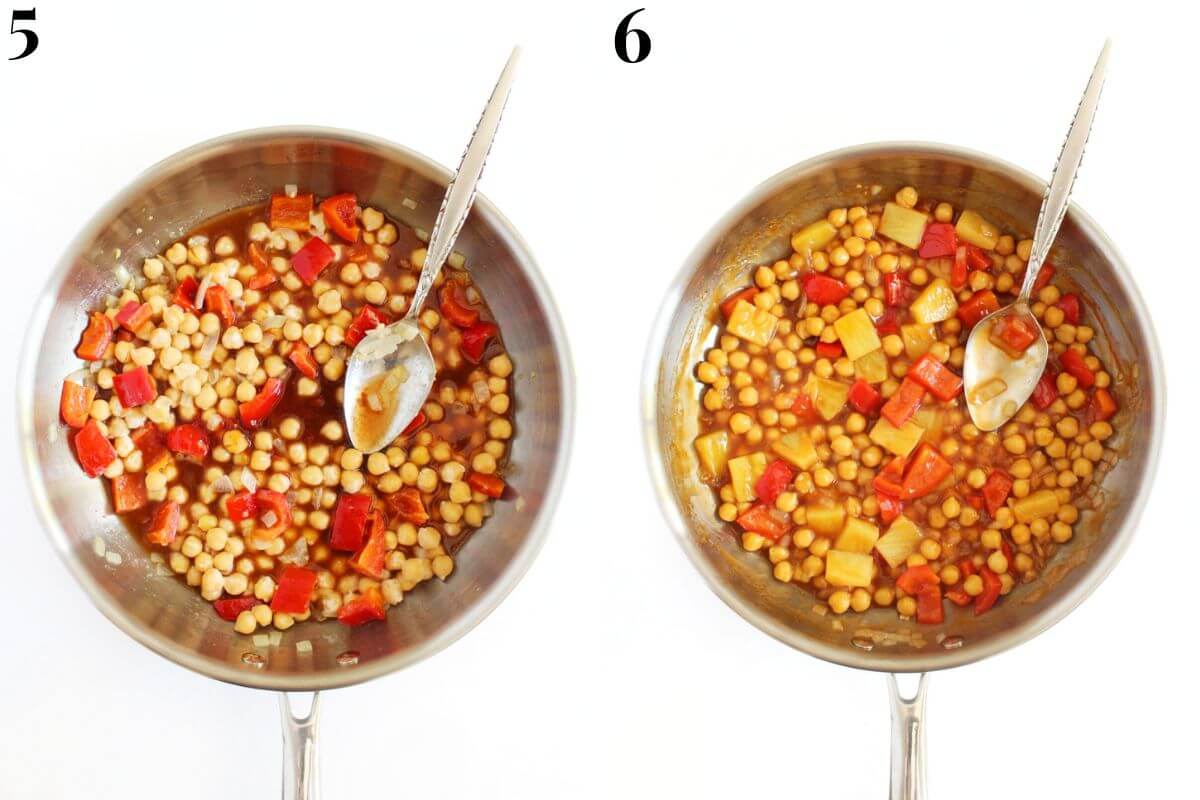 steps 5 and 6 adding sweet and sour sauce to pan and adding pineapple.