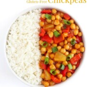 sweet and sour chickpeas with image text.