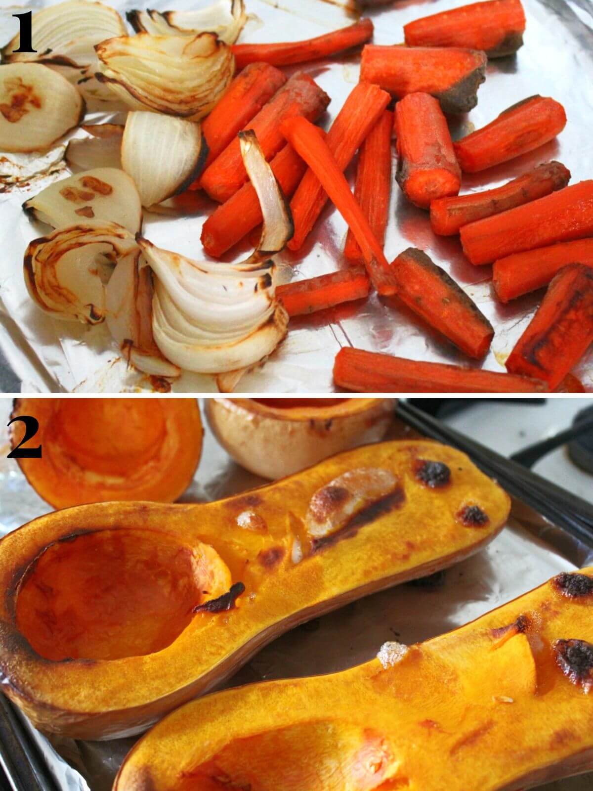 roasting butternut squash, carrot, and onions for soup.