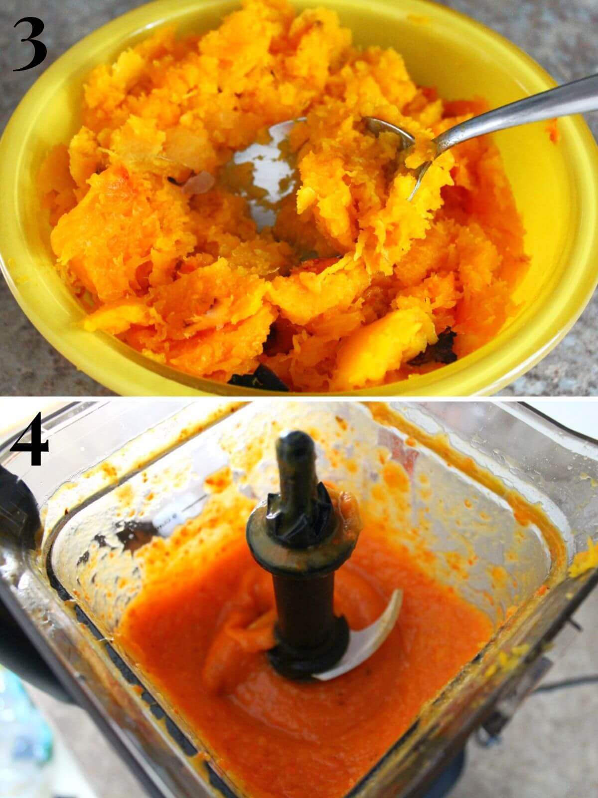 scooping out roasted squash flesh before blending.