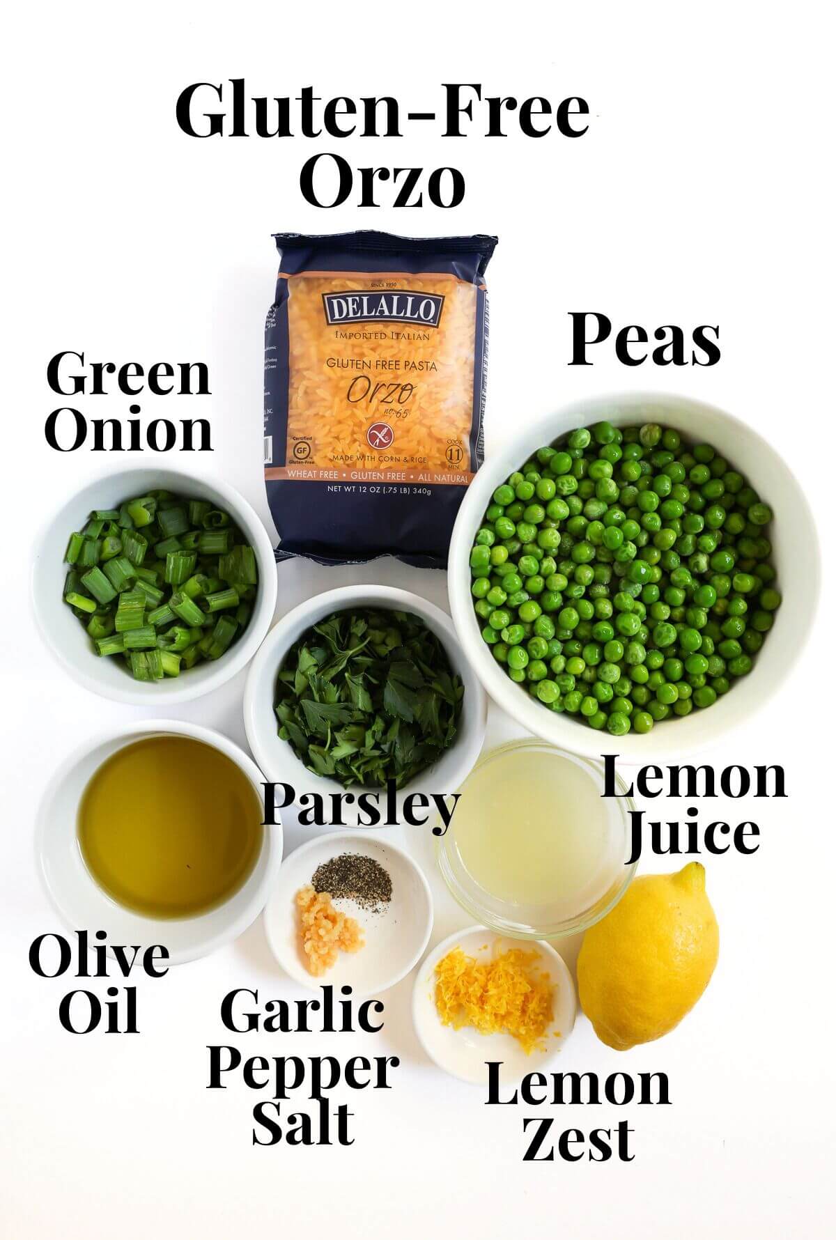 gluten-free spring pasta salad ingredients.
