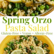 collage image of spring orzo pasta salad with lemon adn peas.