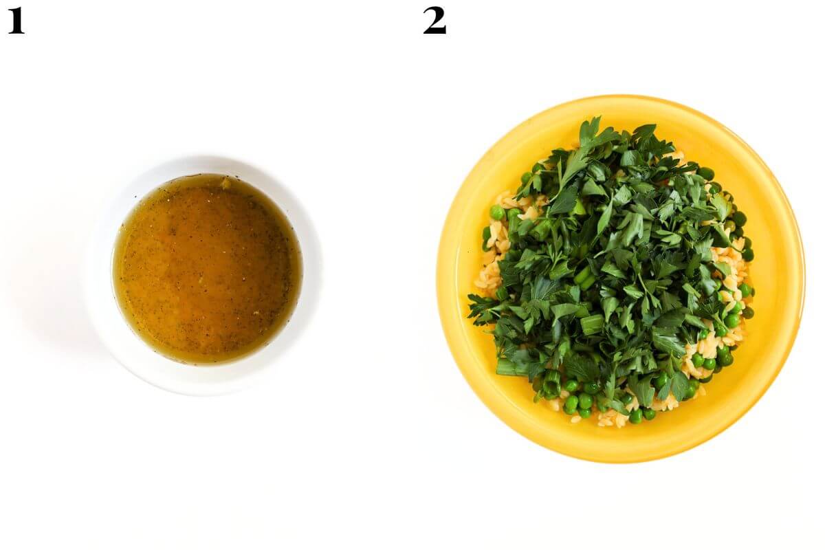 steps 1 and 2 mixing dressing and pasta salad ingredients.