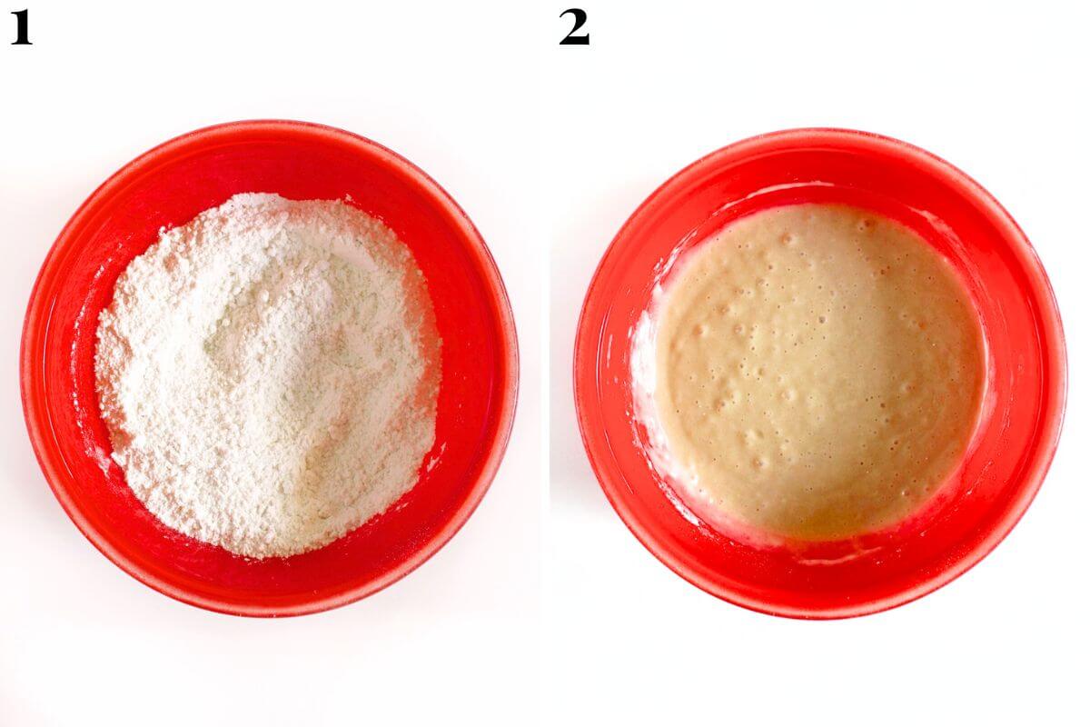 steps 1 and 2 whisking dry ingredients before adding wet ingredients for vanilla cupcakes.