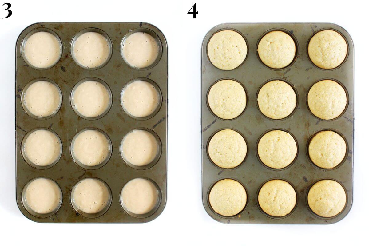steps 3 and 4 filling cupcake tin with cupcake batter and baking.