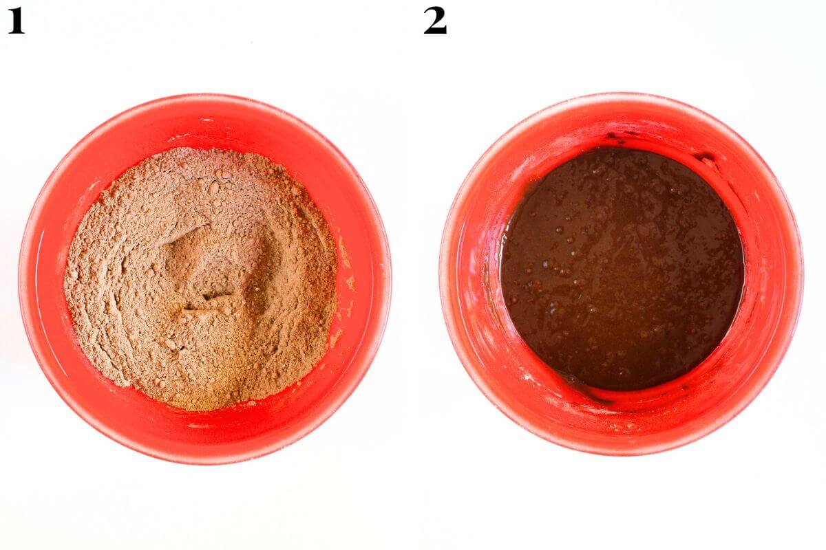 steps 1 and 2 whisking dry ingredients and mixing in wet for vegan chocolate cupcakes.