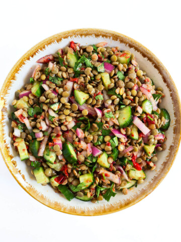 overhead view of cold middle eastern lentil salad in serving bowl.
