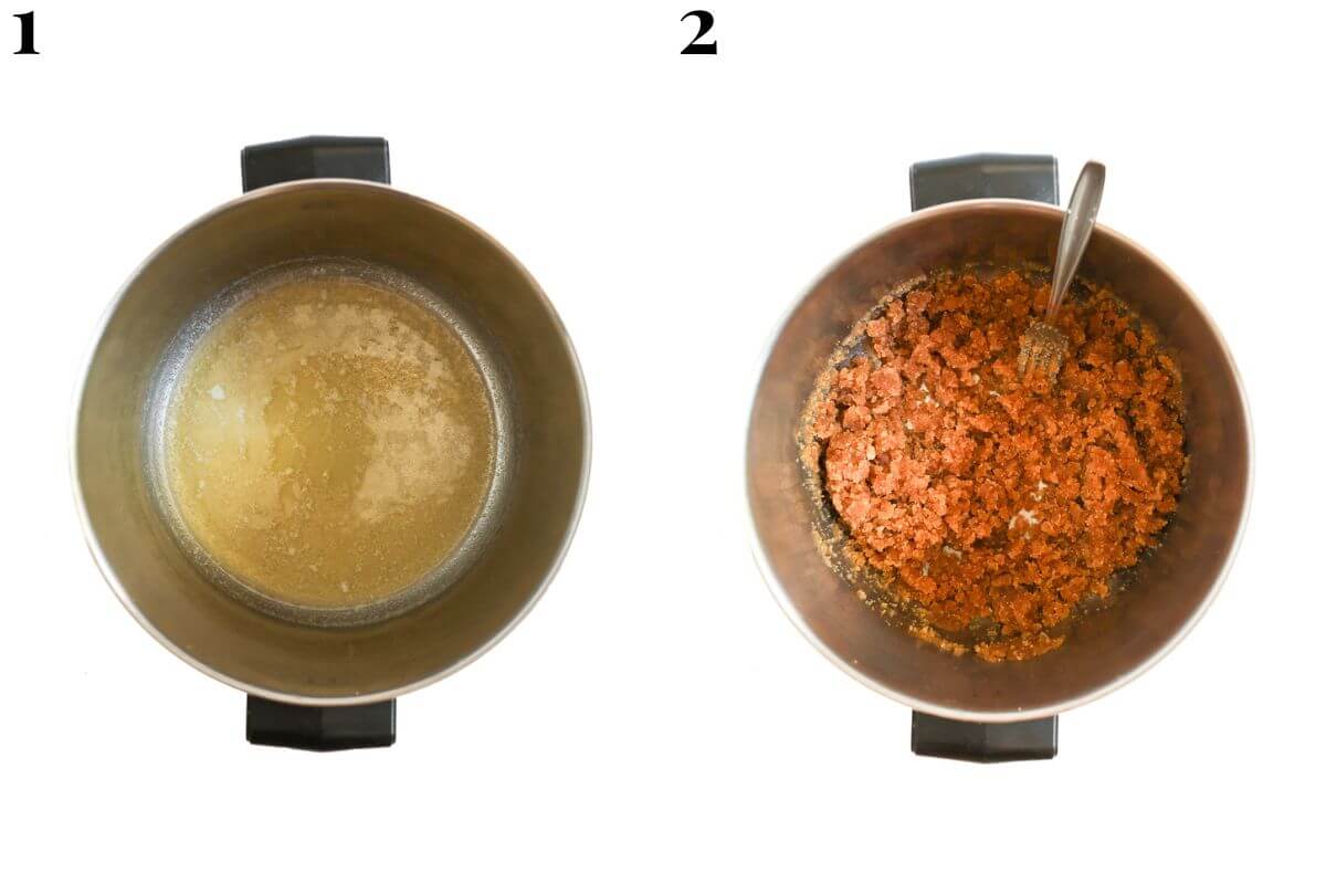 steps 1 and 2 browning vegan butter and adding brown sugar to pot.
