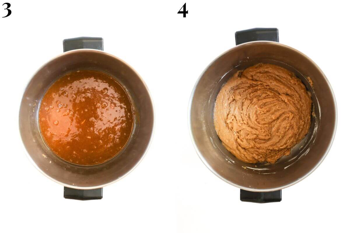 steps 3 and 4 mixing in vegan egg, vanilla, and gluten-free flour.