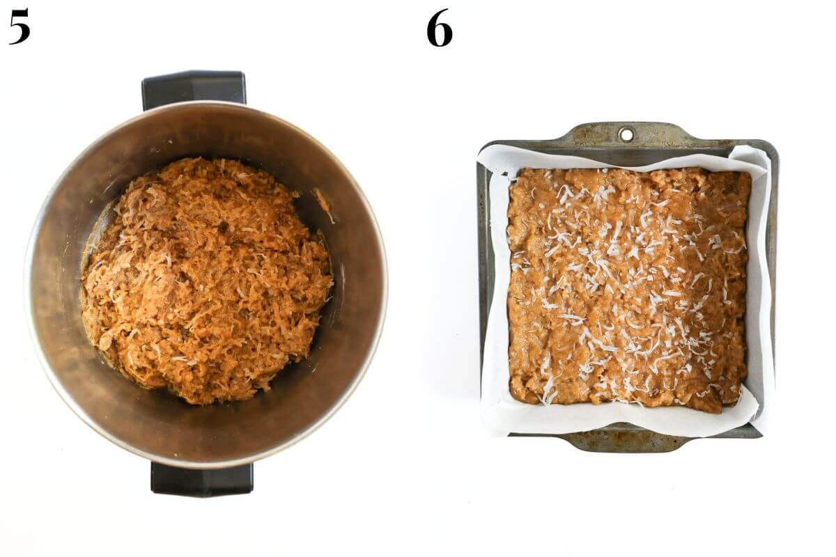 steps 5 and 6 folding in coconut and spreading batter in pan.