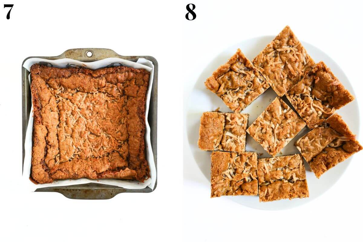 steps 7 and 8 baking the coconut bars and cooling before cutting squares.